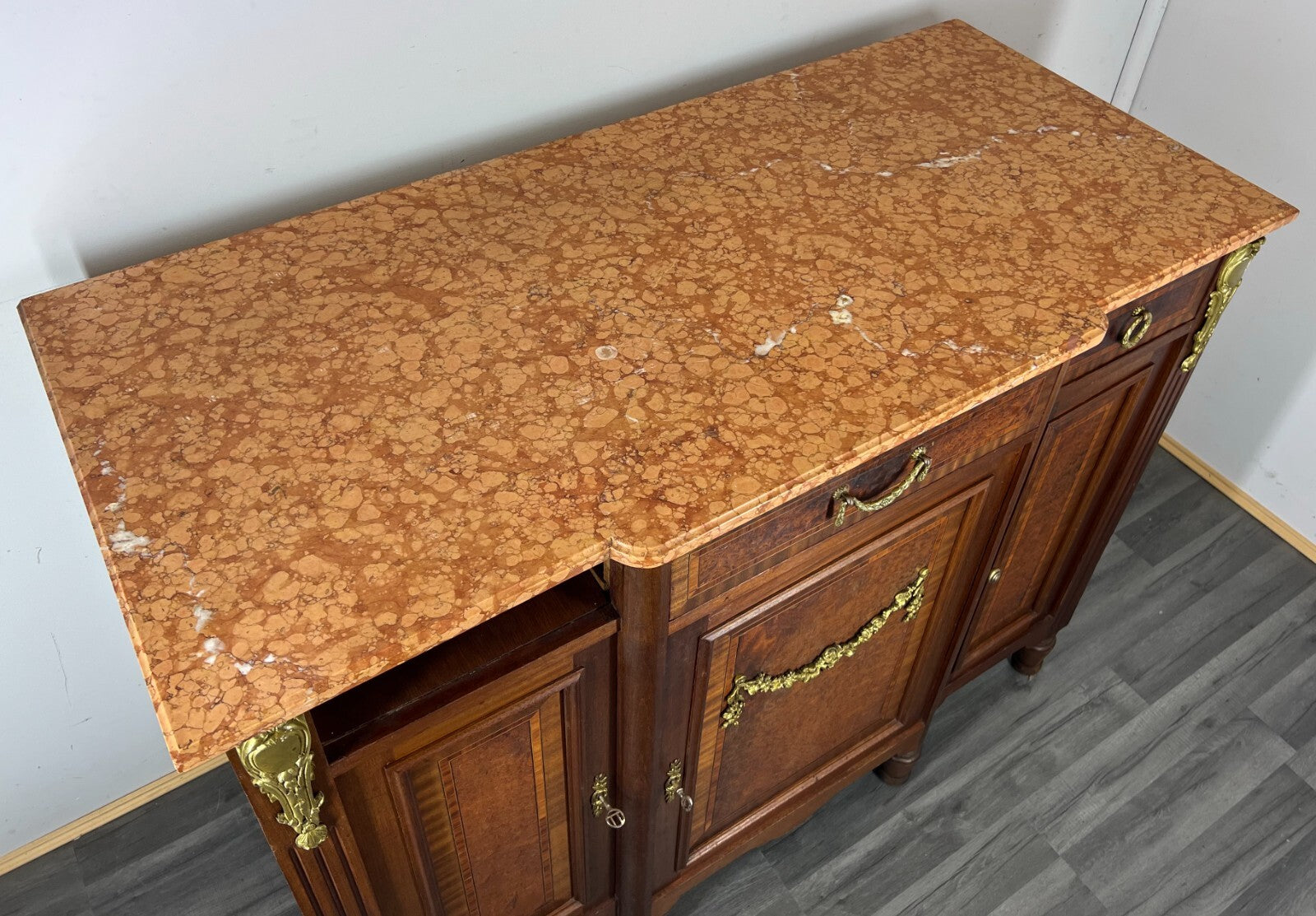 Sideboard Antique French Marble Top Inlaid Brass Detail Carved Cabinet LOT 23829