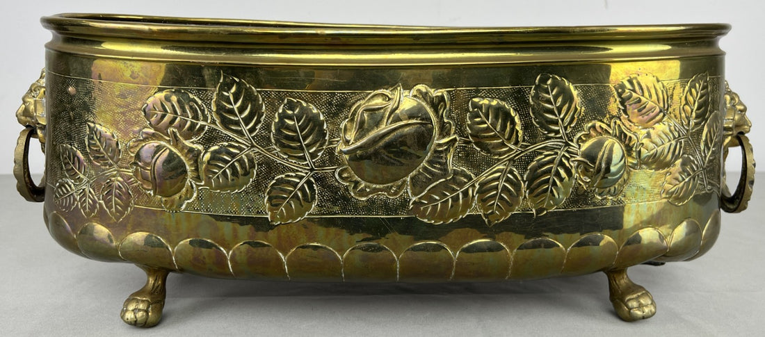 Decorative Pot Vintage Brass Floral Lion Handles Footed Planter LOT 6441a