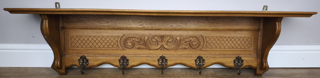 French Vintage Coat Rack Oak 5 Hooks Wall Shelf Carved Coat Hanger LOT 60010