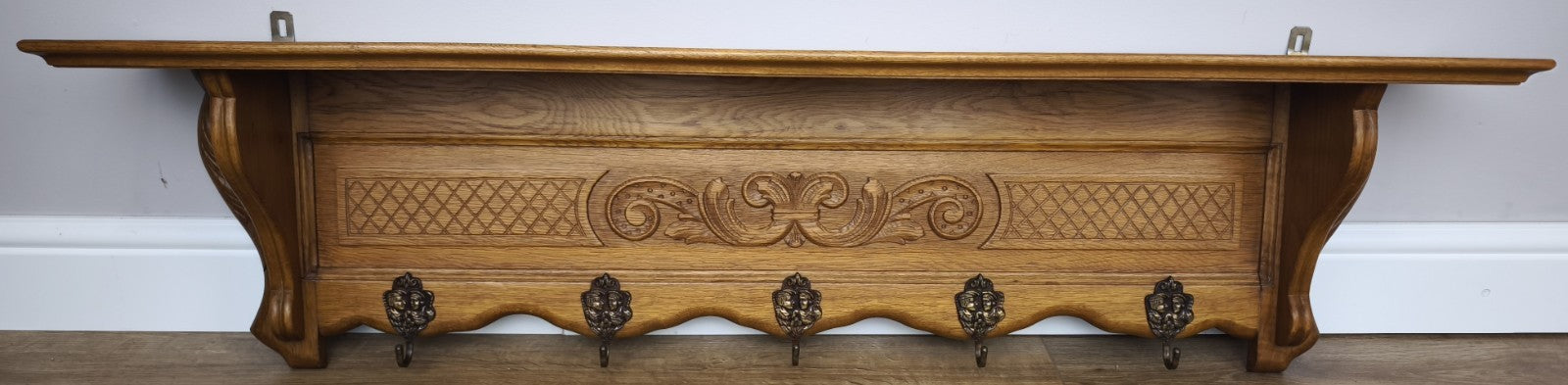 French Vintage Coat Rack Oak 5 Hooks Wall Shelf Carved Coat Hanger LOT 60011