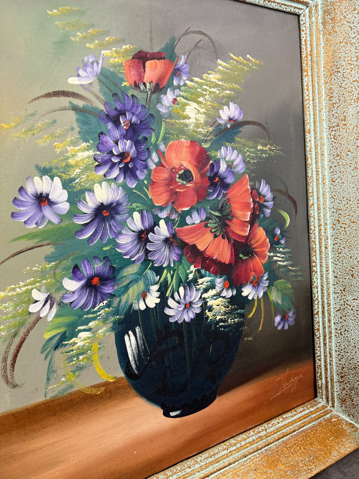 Painting Vintage French Floral Vase Red Purple Flower Signed Framed LOT 38787