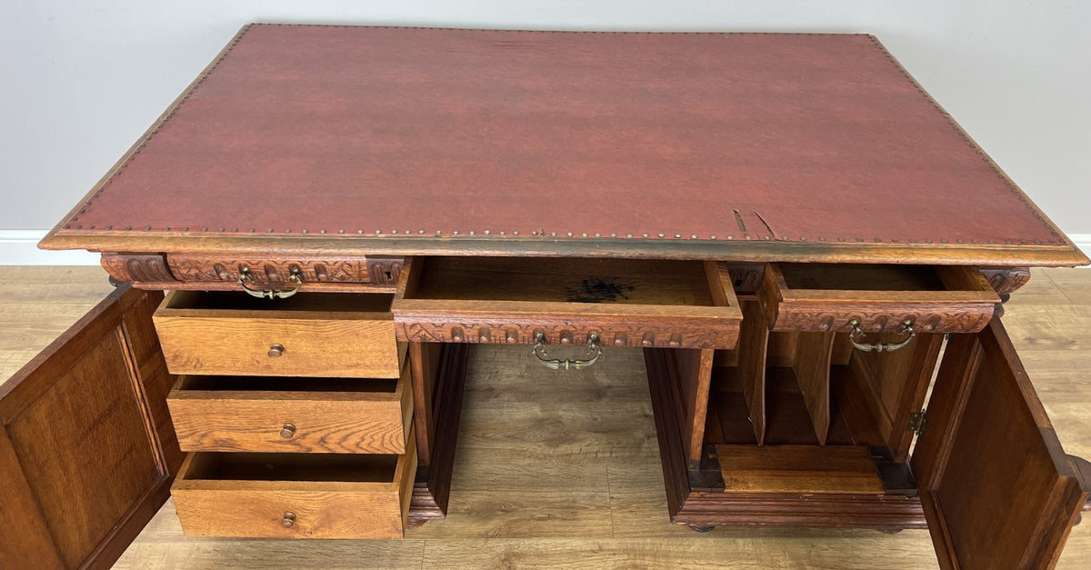 Desk Antique French Style Oak Double Sided Carved Pedestal Desk LOT 6514