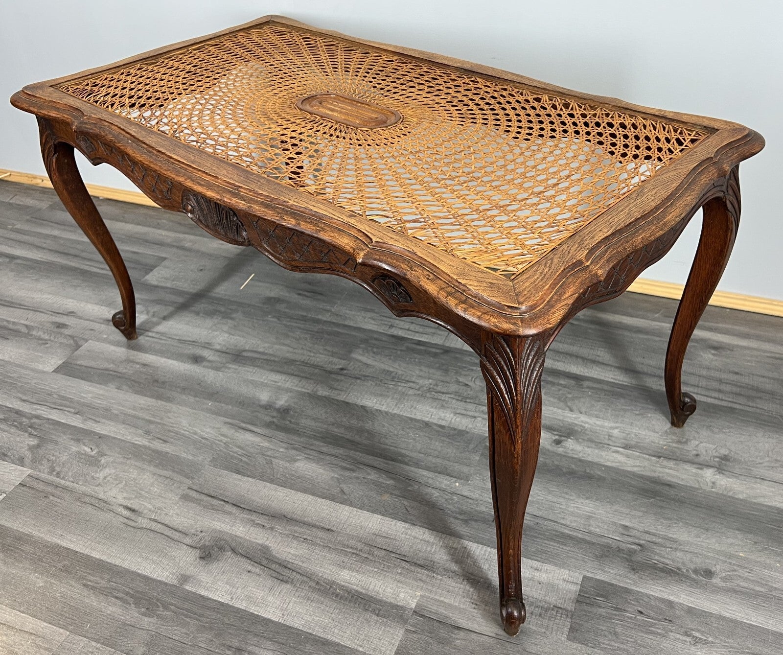 Coffee Table Vintage French Louis XV Cane Top Oak Carved Table LOT 38611