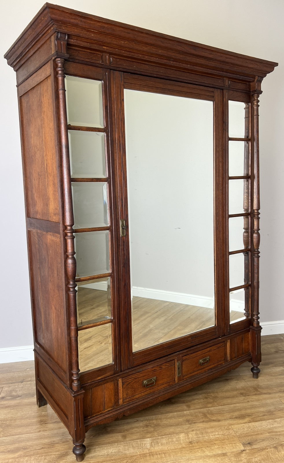 Wardrobe Antique French Style Oak Mirrored Two Drawers Carved Armoire LOT 6541