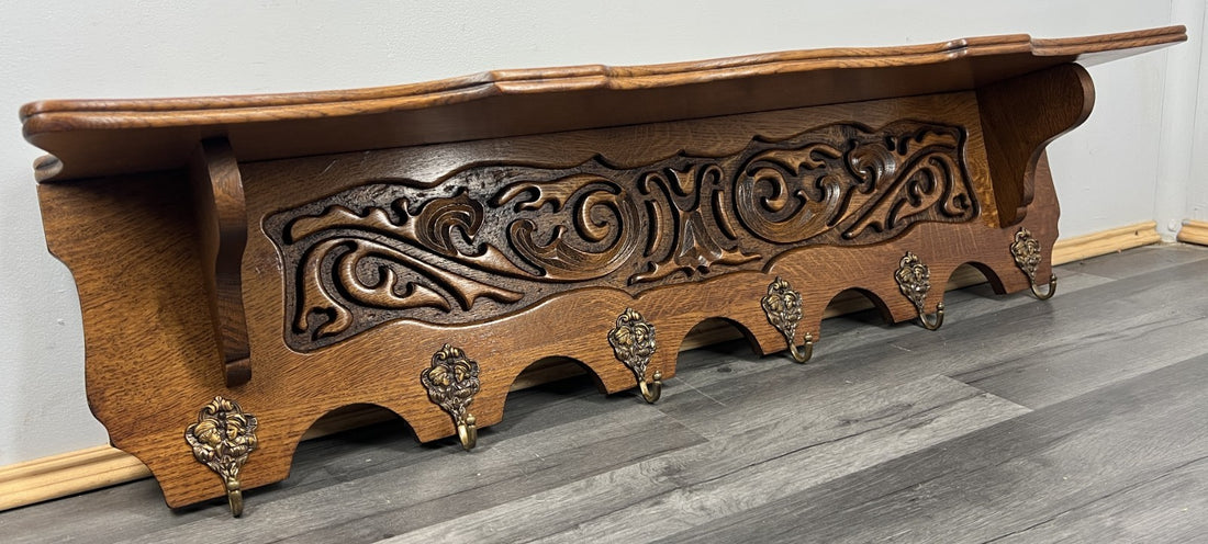 French Vintage Style Coat Rack Oak 6 Hooks Ornate Wall Shelf Coat LOT 47280