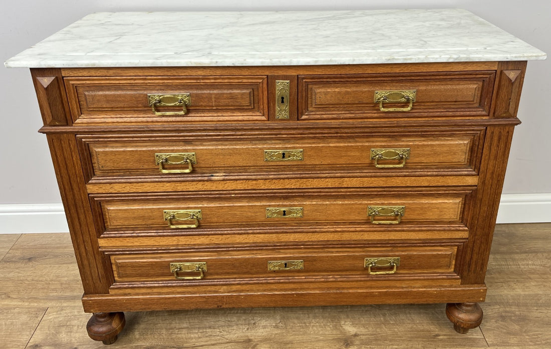 Chest of Drawers Antique French Style Oak Marble Top Carved Cabinet LOT 64480