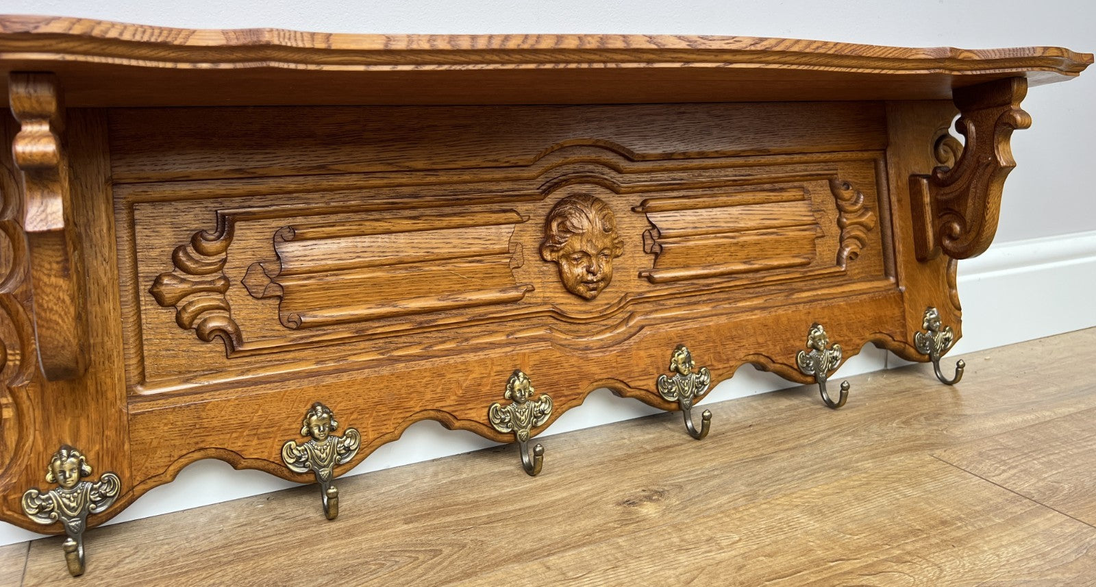 Coat Rack Vintage French Oak Wall Mounted 6 Hooks Carved Rack Hanger LOT 63043