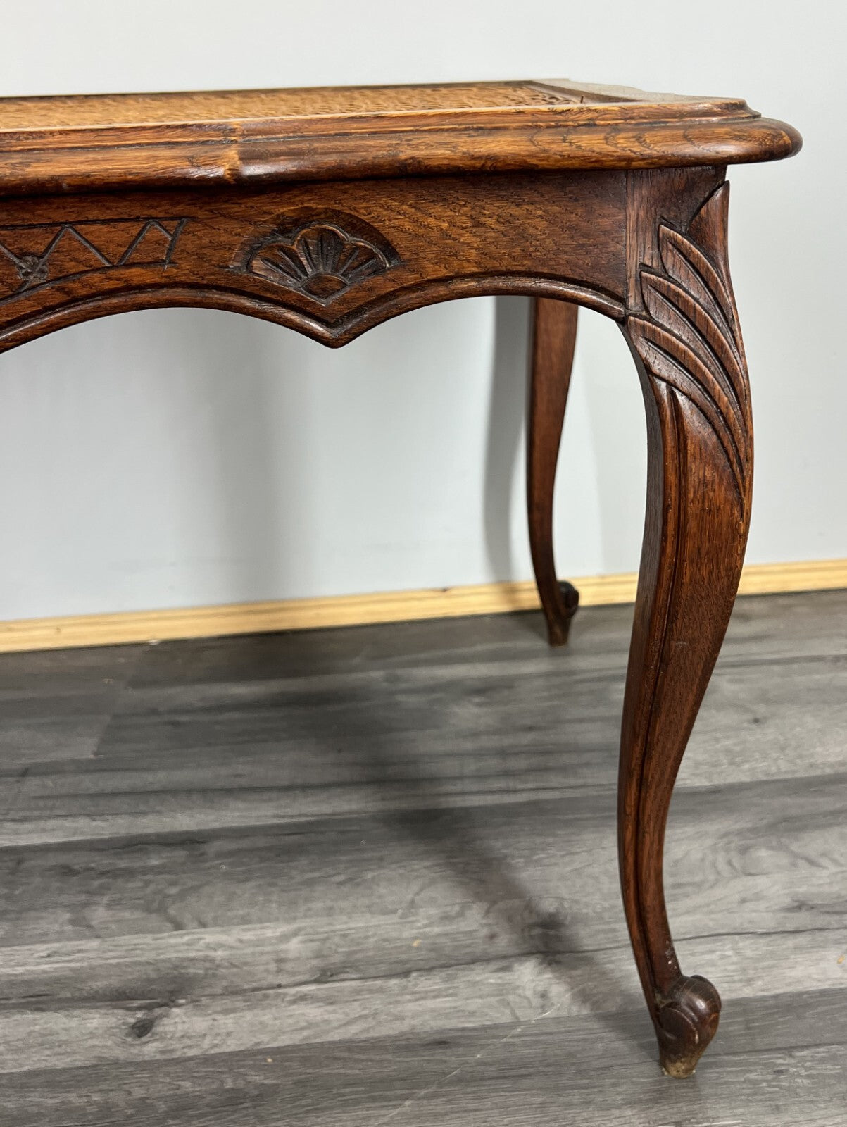 Coffee Table Vintage French Louis XV Cane Top Oak Carved Table LOT 38615