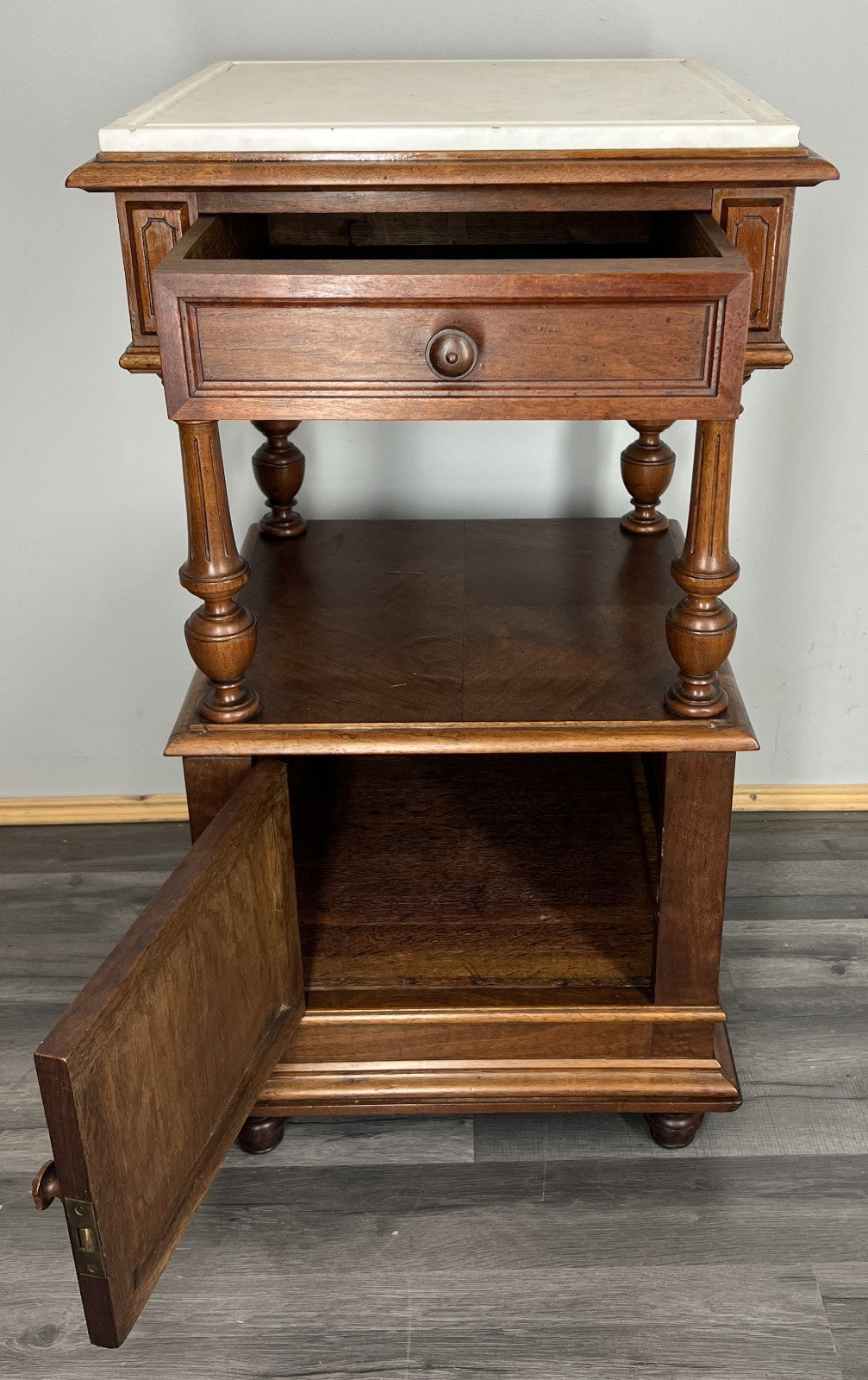 Bedside Table Antique French Walnut Marble Top Cabinet Nightstand LOT 444914