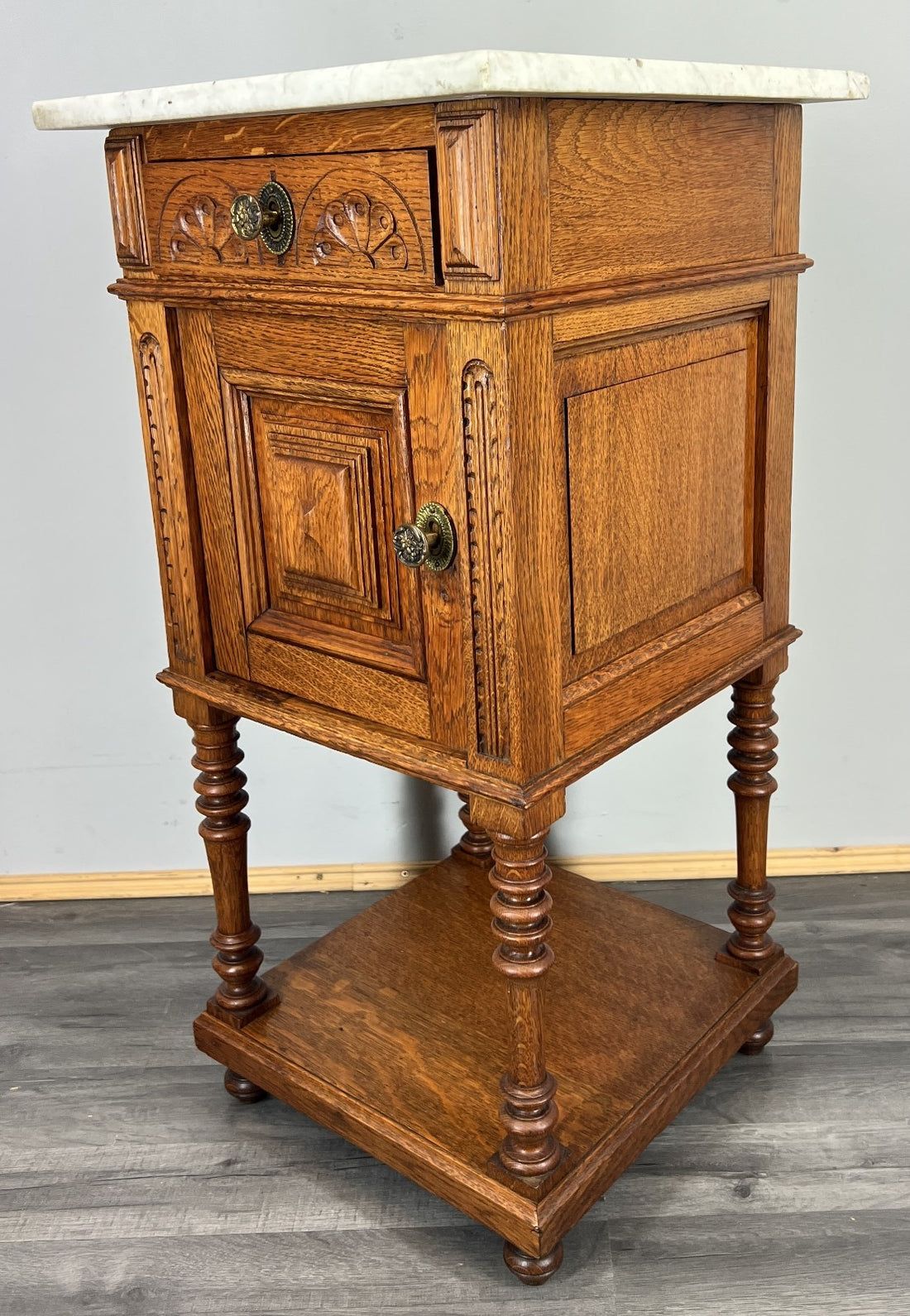 Bedside Table Antique French Oak with Marble Top Carved Cabinet LOT 43350