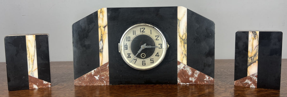 Clock Vintage French Style Art Deco Marble Mantel Clock Set LOT 47640