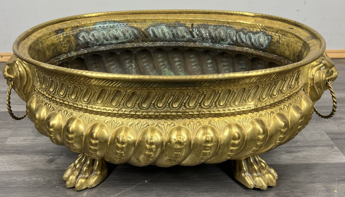 Planter Brass Big Vintage French  Lion Head Jardinière Footed Bowl LOT 42500