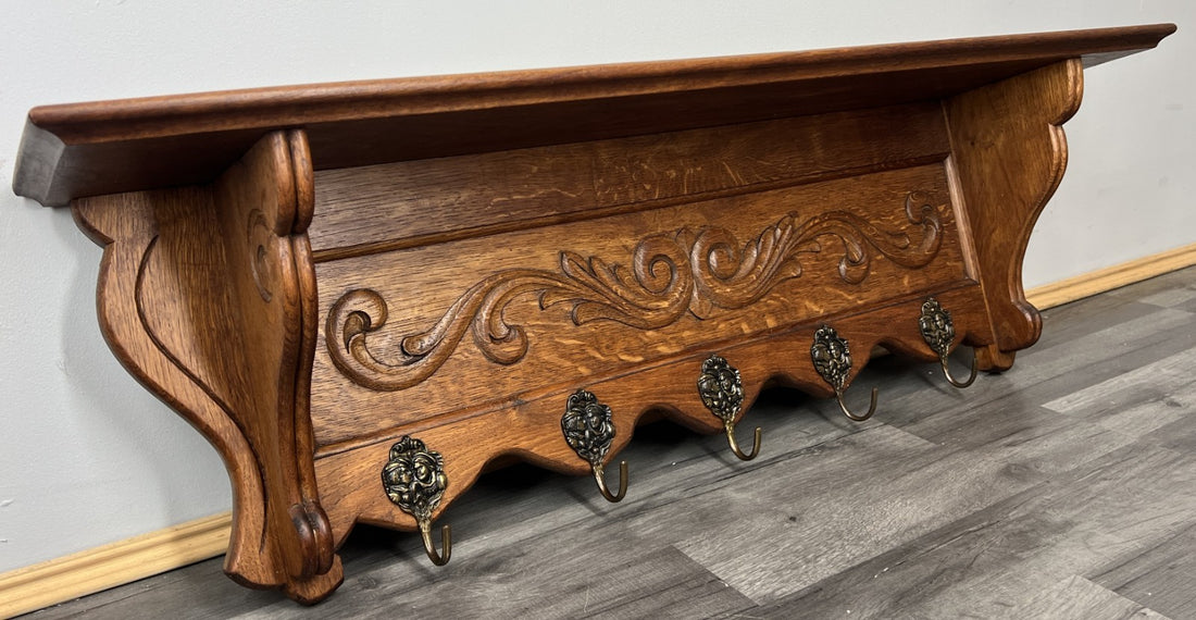 French Vintage Coat Rack Oak 5 Hooks Ornate Wall Shelf Carved Coat LOT 44450