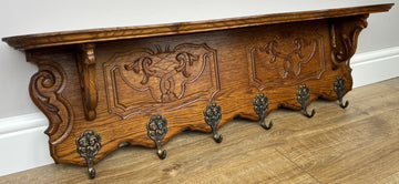 Coat Rack Vintage French Carved Oak Wall Mounted 6 Hooks Rack Hanger LOT 62270