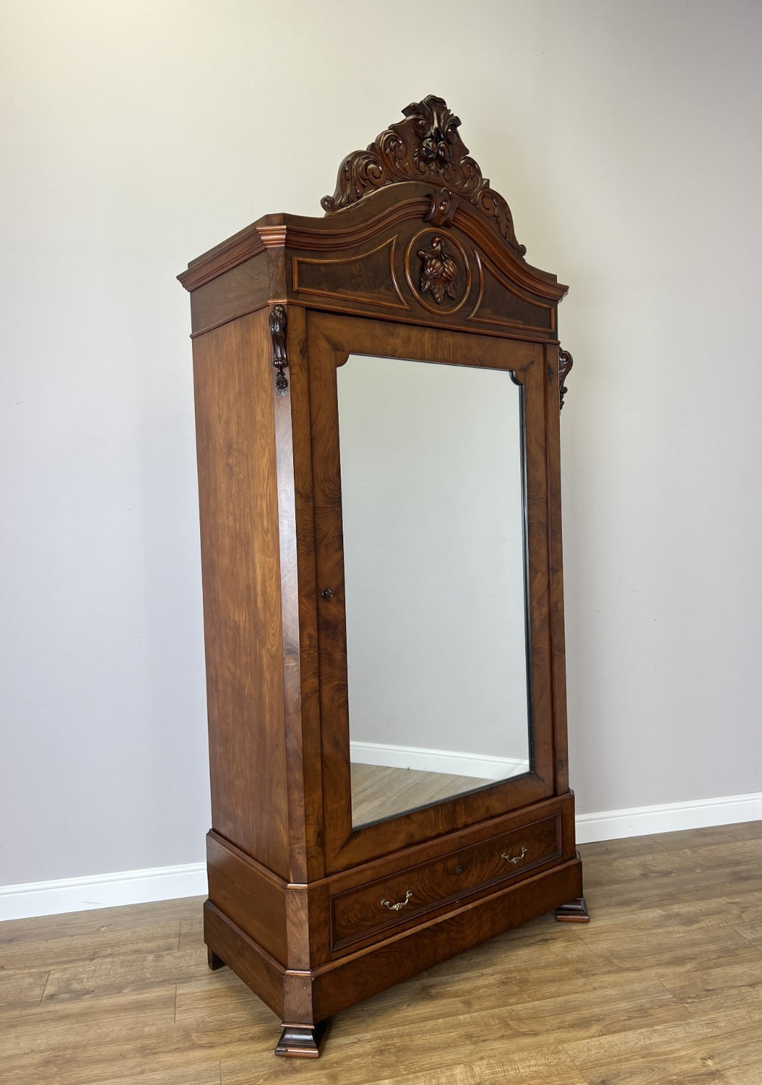 Wardrobe Antique French Style Burr Walnut Mirrored Carved Armoire LOT 6512