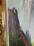 Painting Vintage Oil Landscape Mountain Deer Signed Framed Carved LOT 51136