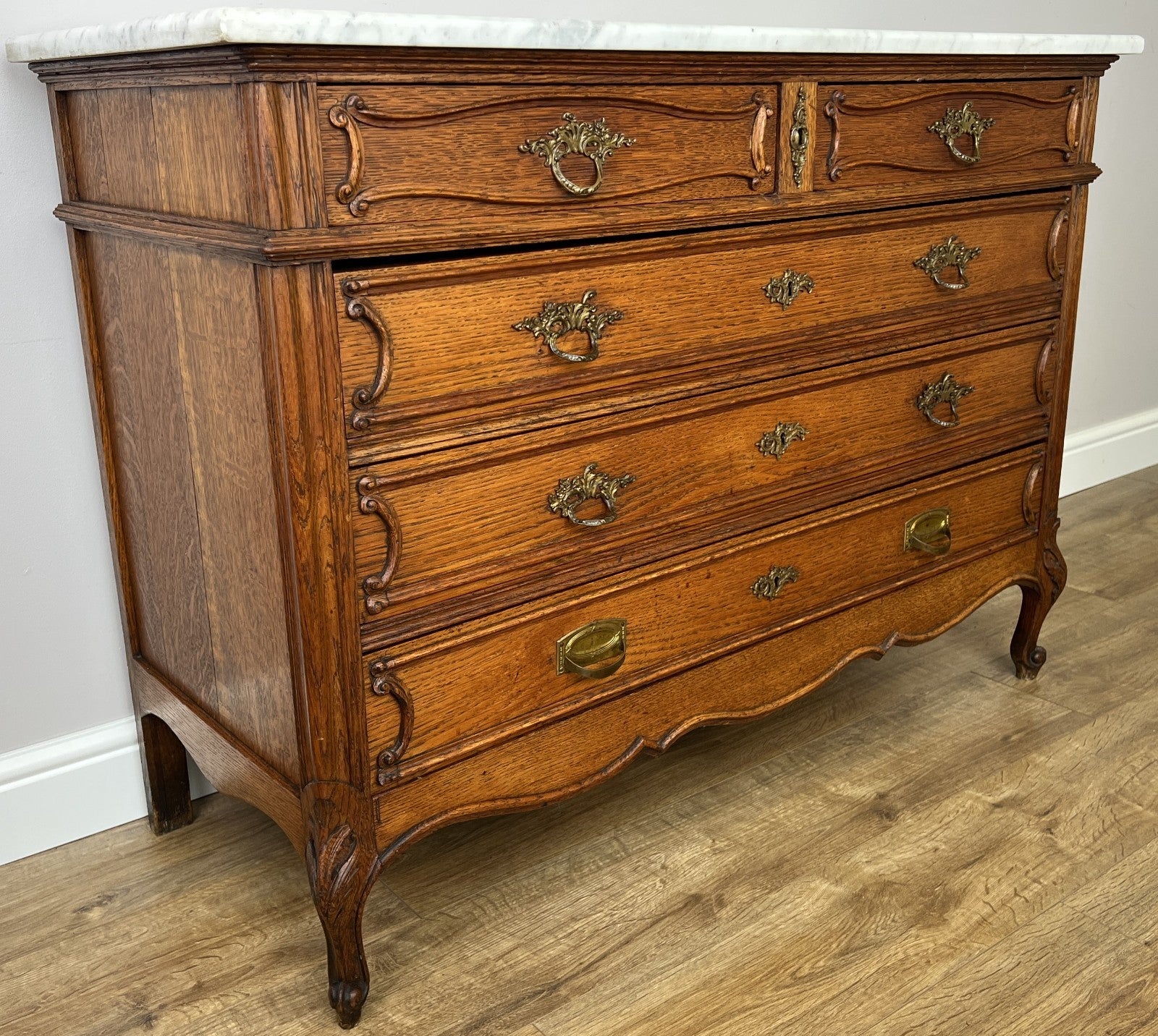 Chest of Drawers Antique French Oak Marble Top 5 Drawers Carved Cabinet LOT 62792