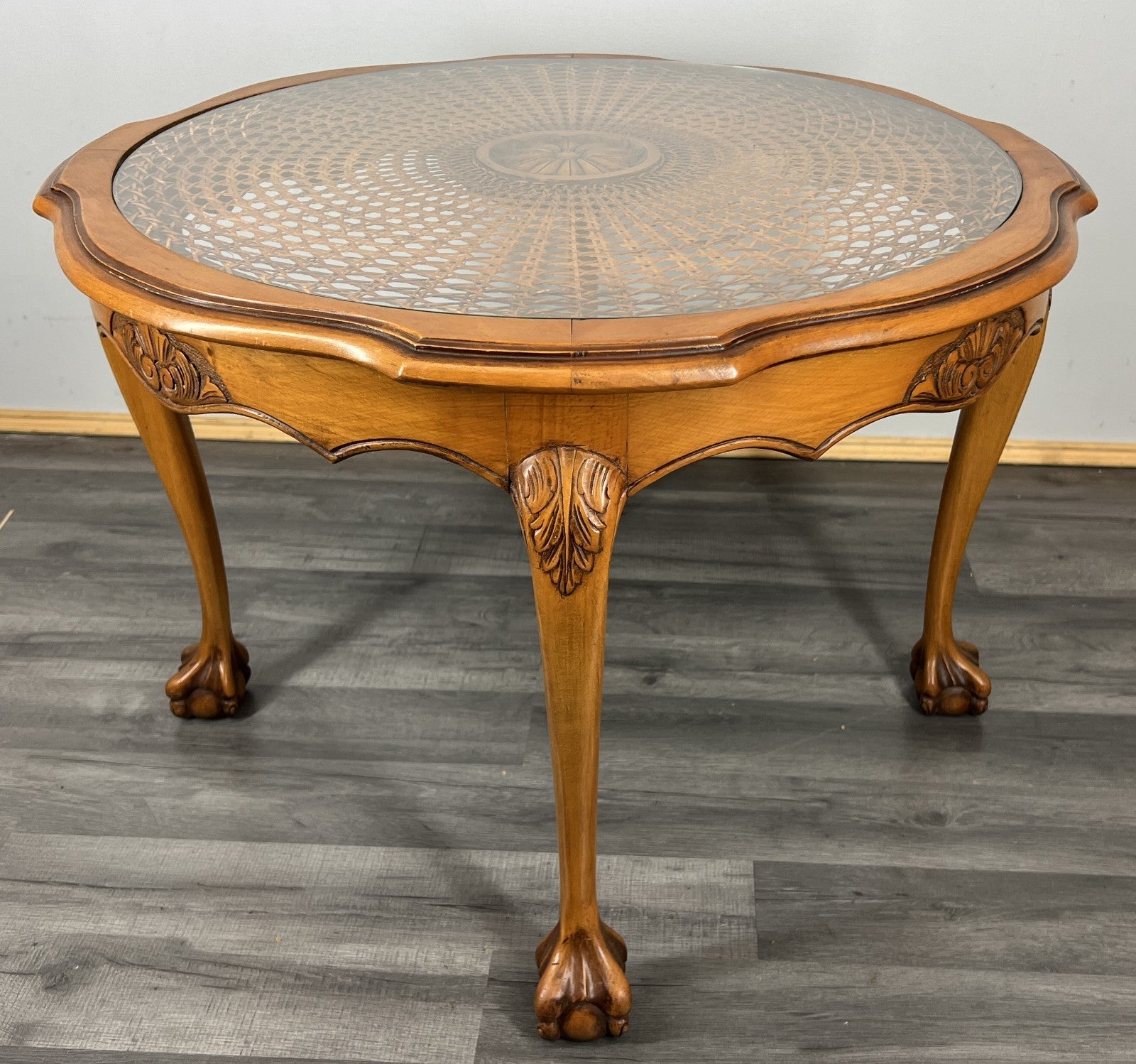 Coffee Table Vintage French Oak Round Glass Top Ornate Cane Table LOT 44623