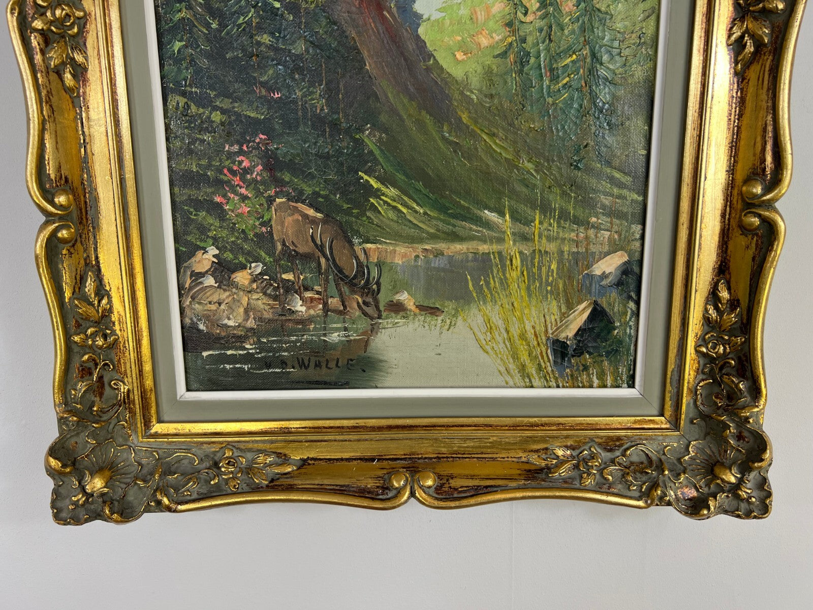 Painting Vintage Oil Landscape Mountain Deer Signed Framed Carved LOT 51137