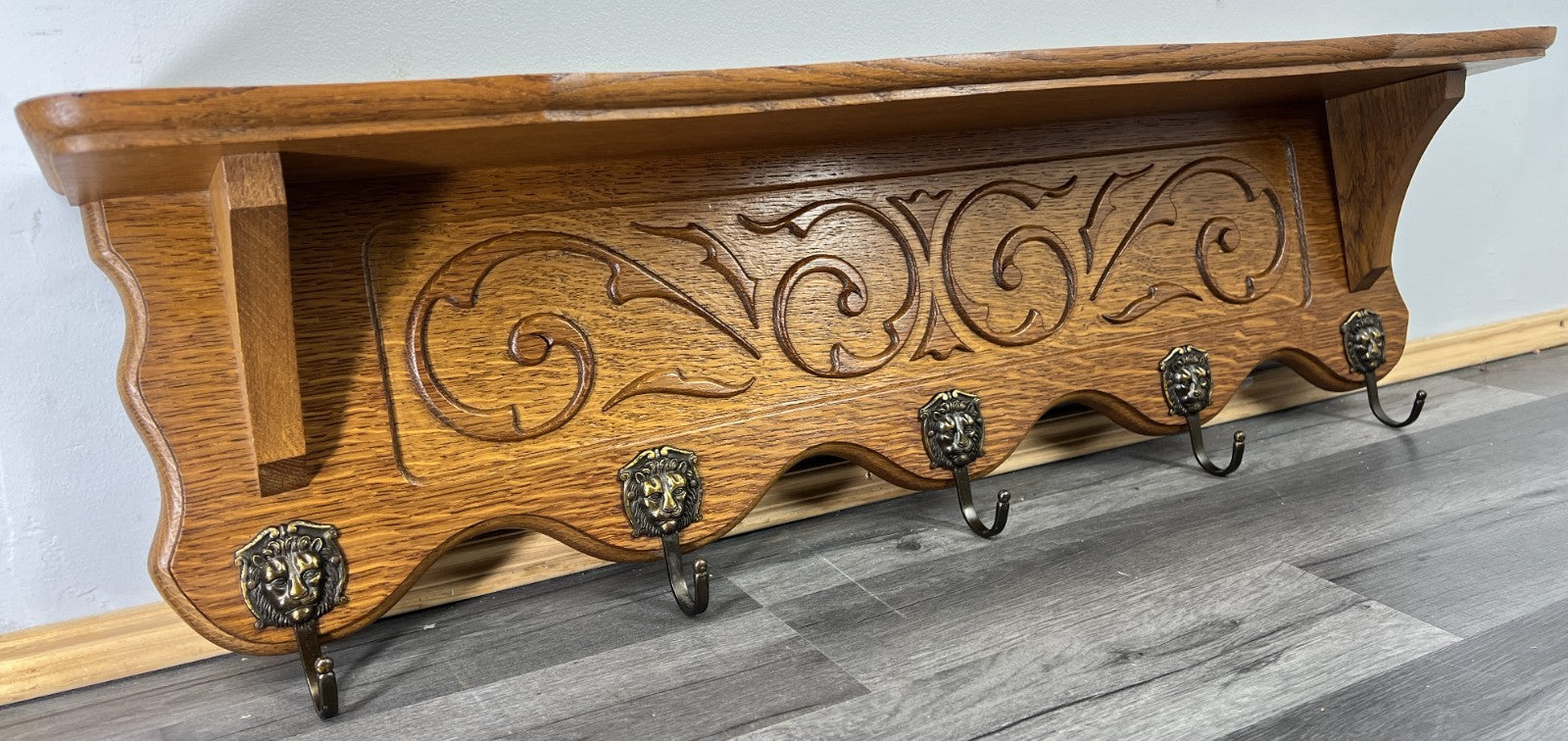 French Vintage Style Coat Rack Oak 5 Hooks Ornate Wall Shelf Coat LOT 47220