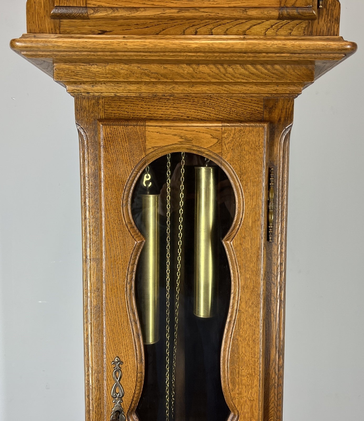 Clock Vintage French Louis Oak Longcase Grandfather Brass Dial Weights LOT 44703