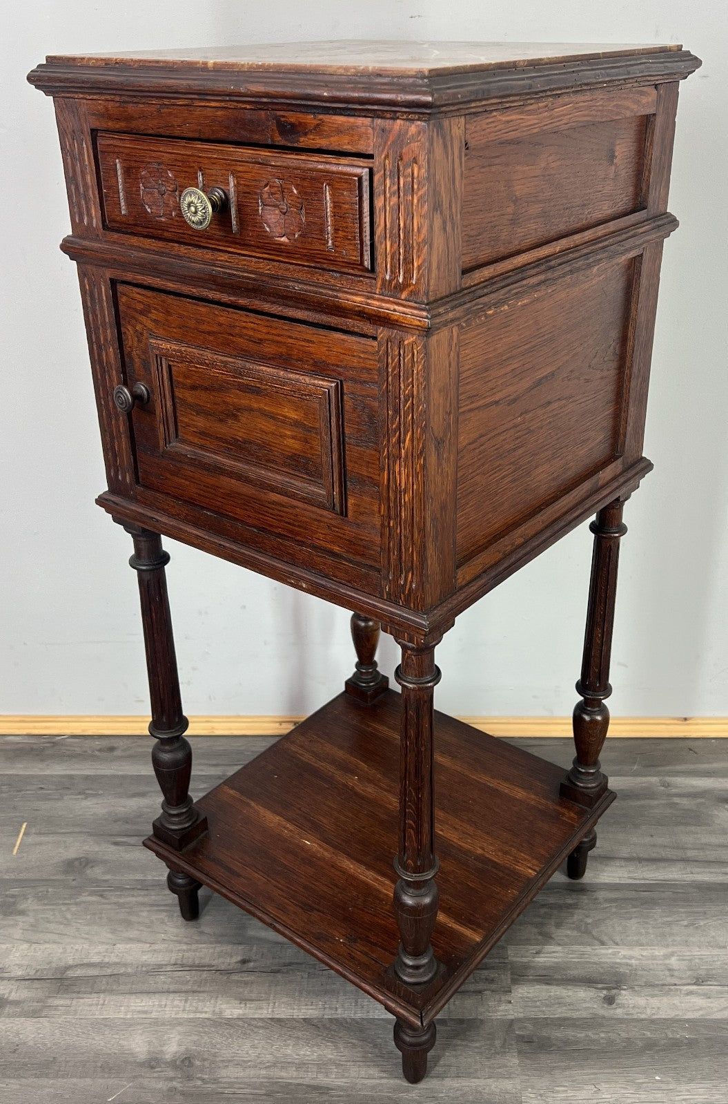 Bedside Table Antique French Oak Marble Top Cabinet Nightstand LOT 48061