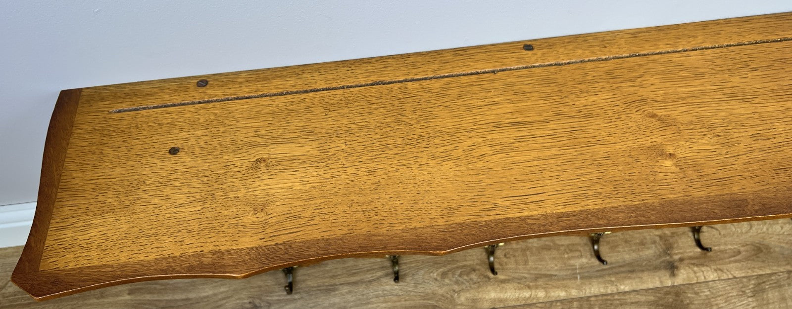 French Vintage Coat Rack Oak 7 Hooks Wall Shelf Brass Panel Coat Hanger LOT 495912