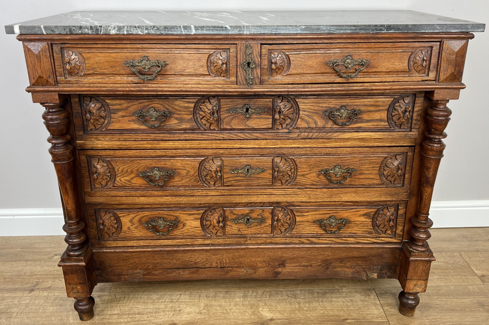 Chest of Drawers Antique French Style Marble Top Walnut Cabinet LOT 60774