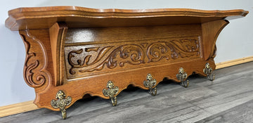 French Vintage Style Coat Rack Oak 5 Hooks Ornate Wall Shelf Coat LOT 46910