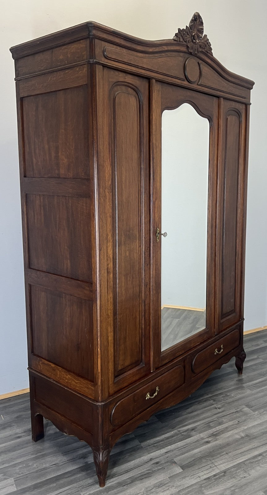 Wardrobe Antique French Style Oak Mirrored Door Carved Armoire LOT 47962