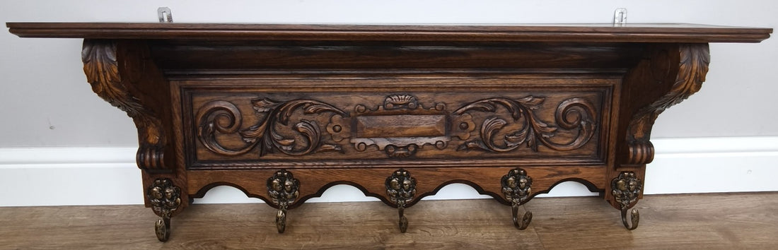 French Vintage Coat Rack Oak 5 Hooks Wall Shelf Carved Coat Hanger LOT 49980