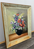 Painting Vintage French Floral Vase Red Purple Flower Signed Framed LOT 38781