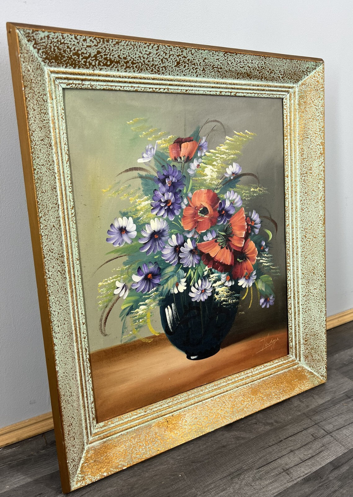 Painting Vintage French Floral Vase Red Purple Flower Signed Framed LOT 38781