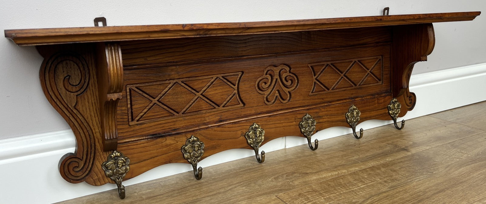 Coat Rack Vintage French Oak Wall Mounted 6 Hooks Carved Rack Hanger LOT 62080