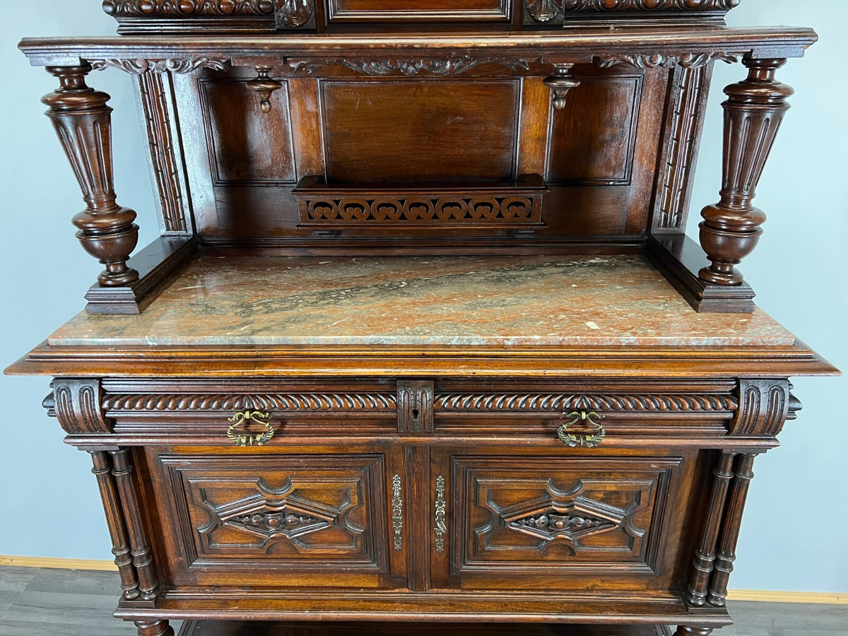 Sideboard Antique French Style Walnut Marble Display Cabinet Cupboard LOT 35765
