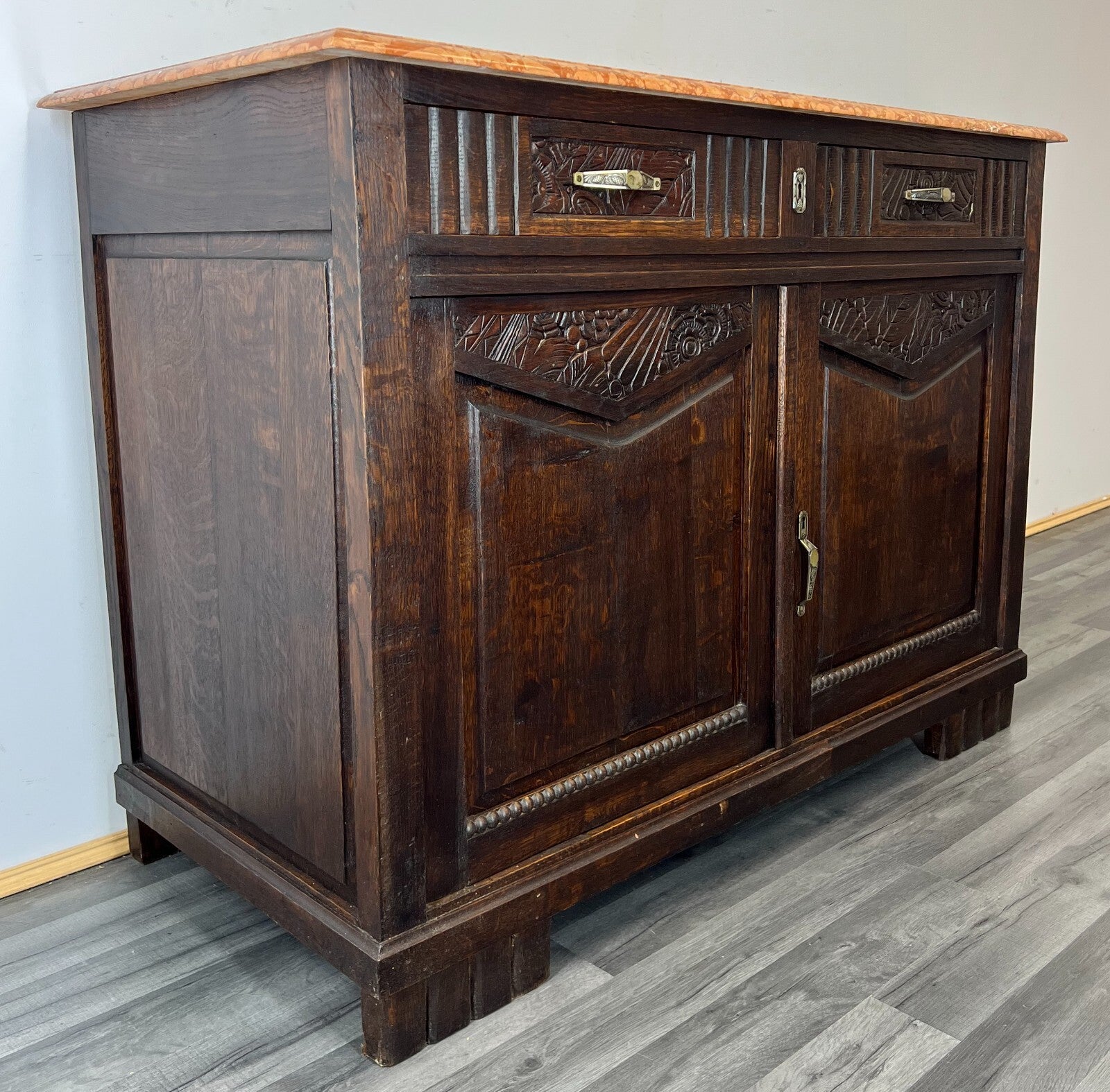 Sideboard Antique French Oak Marble Top Carved Two Door Cabinet LOT 22272