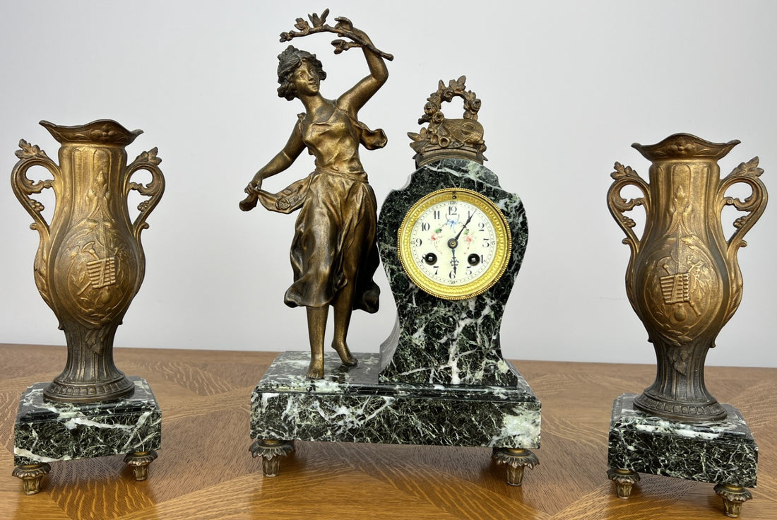 Clock Vintage French Style Marble Clock Figurine Garniture Set LOT 60610