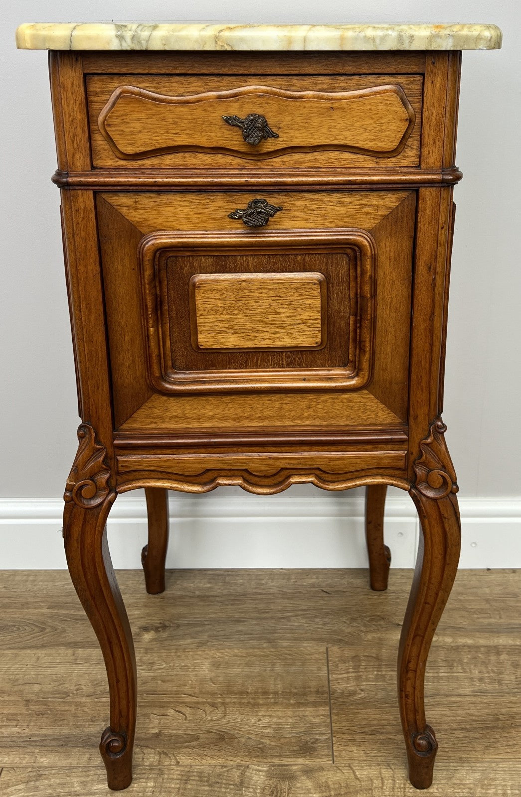 Pair of  Bedside Tables Antique French Louis Walnut Marble Top Cabinets LOT 48943