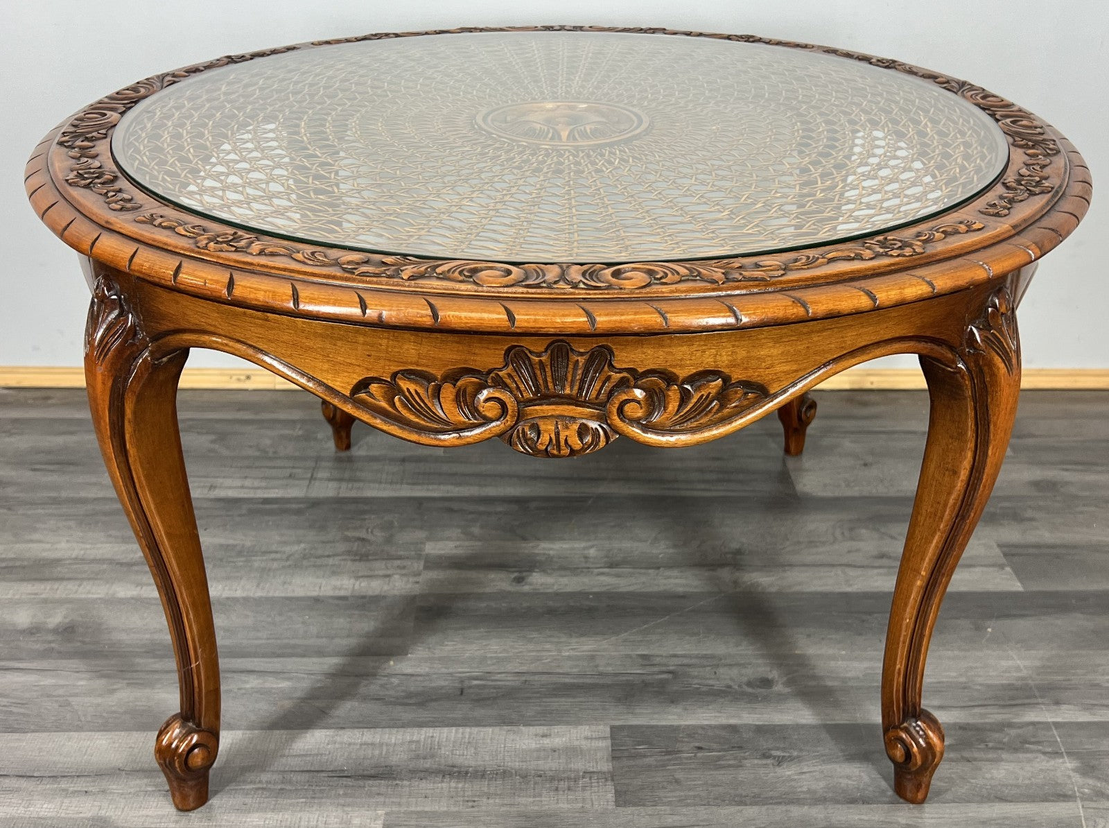 Coffee Table Vintage French Louis XIV Glass Top Ornate Cane Round Table LOT 39414