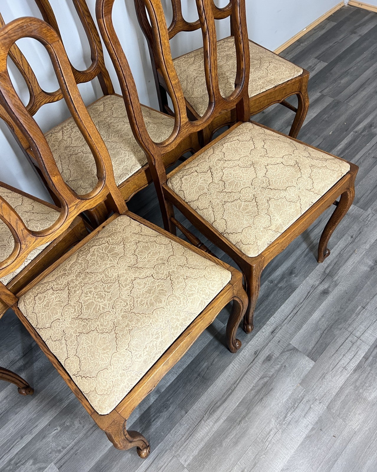 Chairs Vintage French Louis XVI Style Oak Upholstered Set of 6 Carved LOT 44014