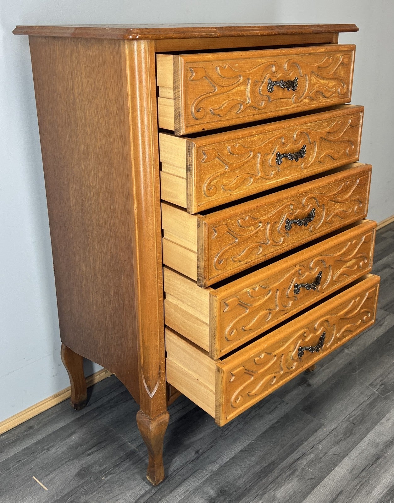 Chest of Drawers Vintage French Louis XVI 5 Drawers Carved Tall Cabinet LOT 450012