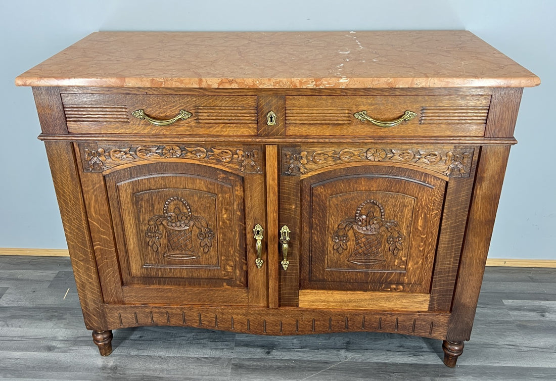 Cabinet Antique French Marble Top Oak Carved with Drawers Sideboard LOT 4070