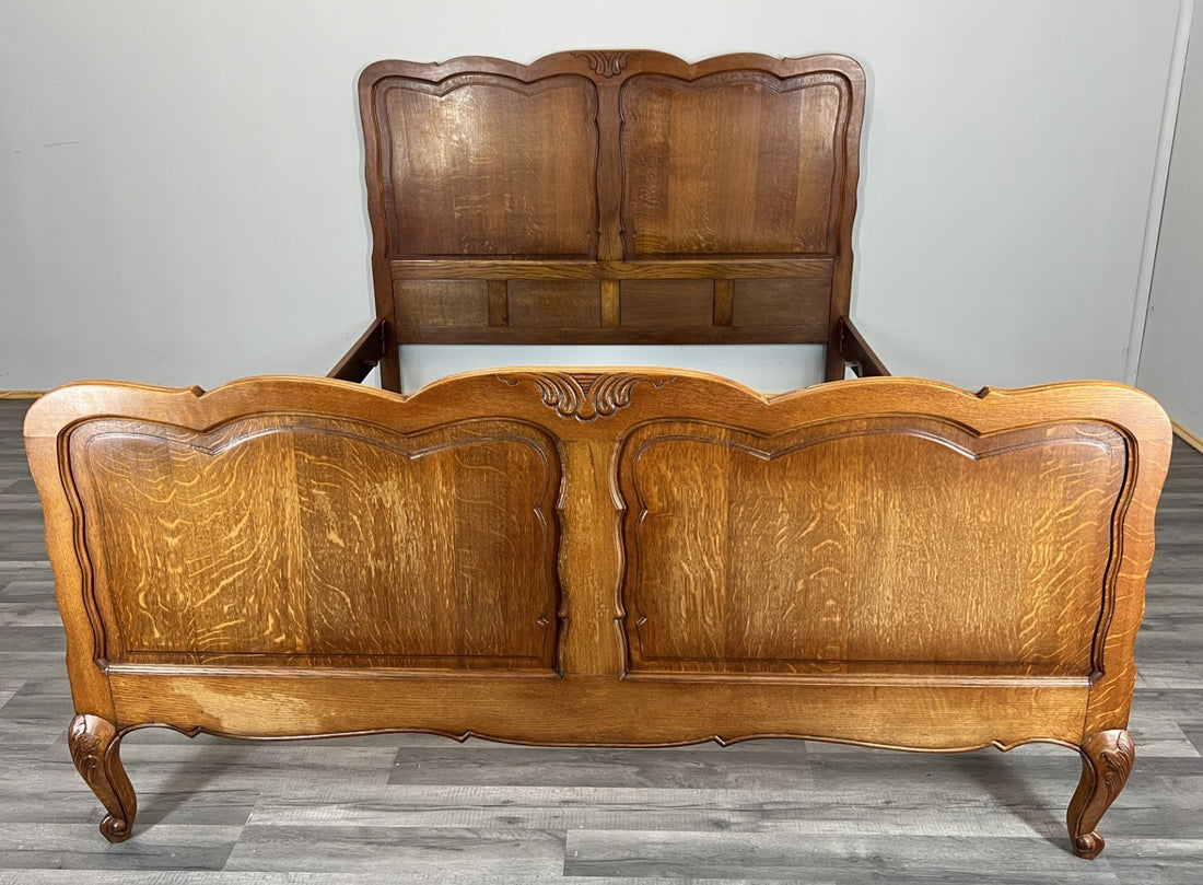 Bed Frame Vintage French Louis XVI Style Oak Double Carved Panel LOT 4087