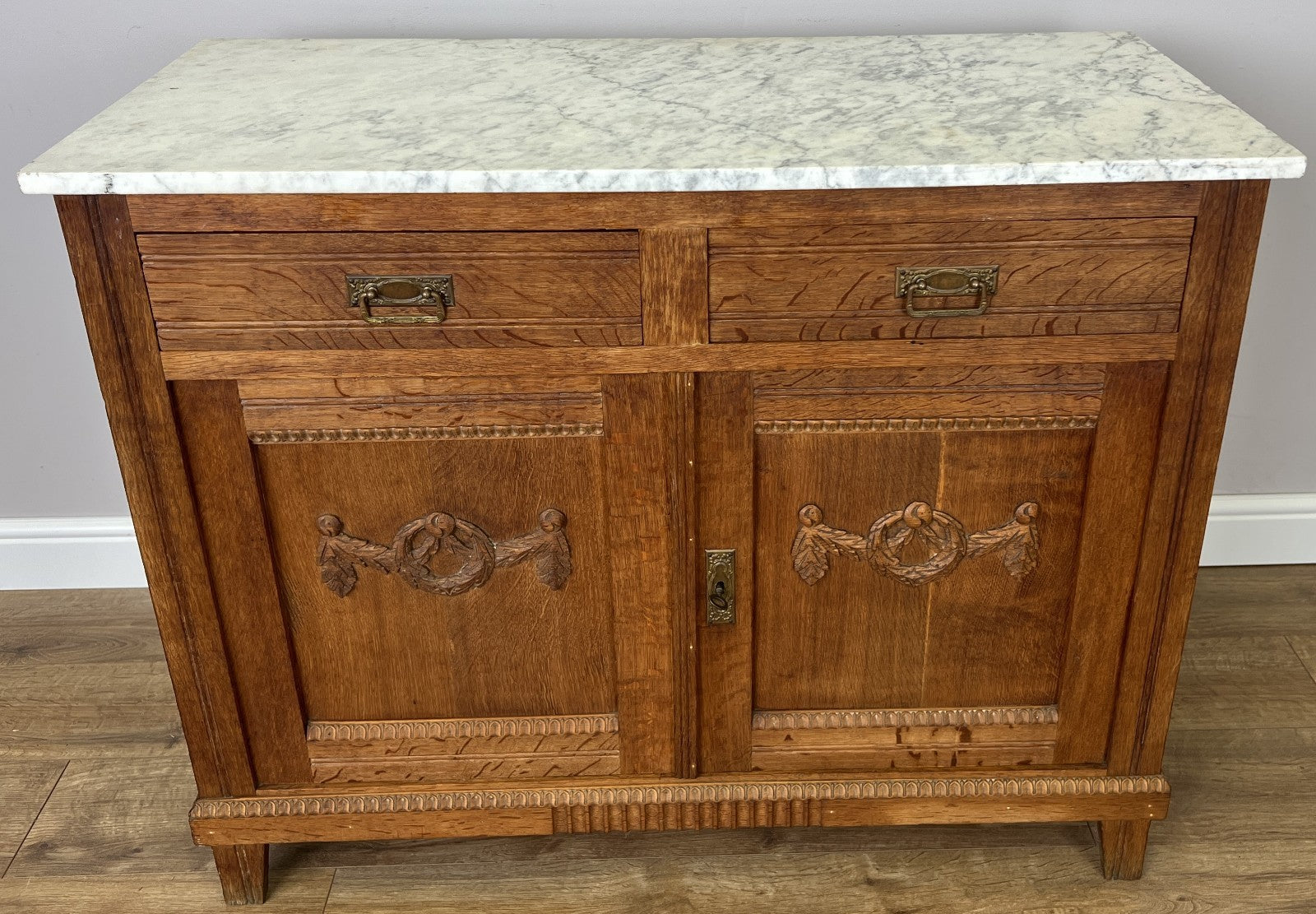 Cabinet Antique French Style Marble Top Oak Sideboard Carved Cupboard LOT 62844