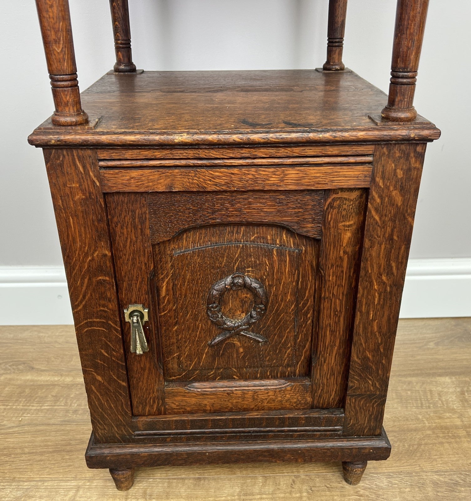 Pair of Bedside Tables Antique French Marble Top Carved Oak Cabinets LOT 49187
