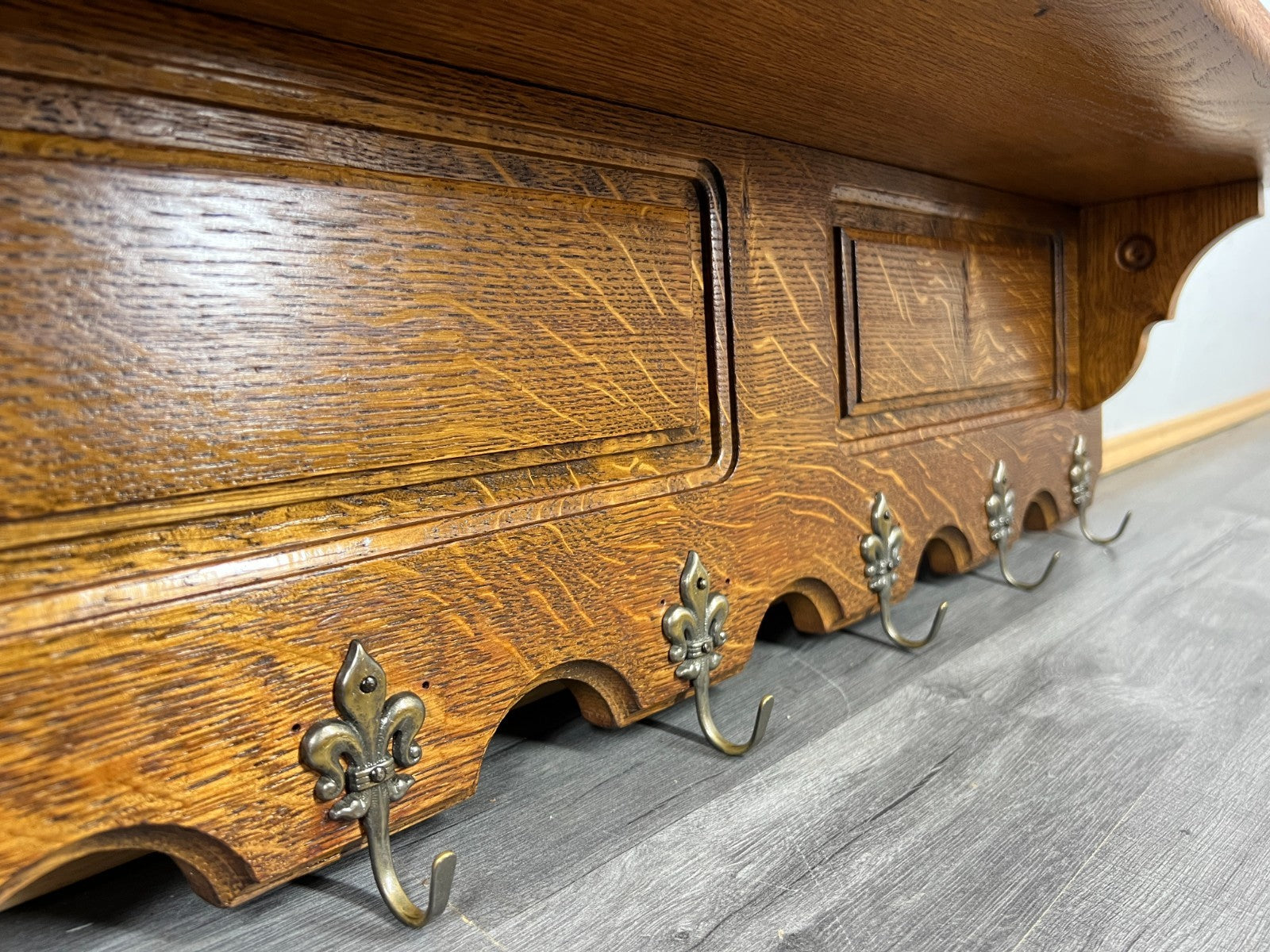 French Vintage Coat Rack Oak 6 Hooks Wall Shelf Carved Coat Hanger LOT 44342