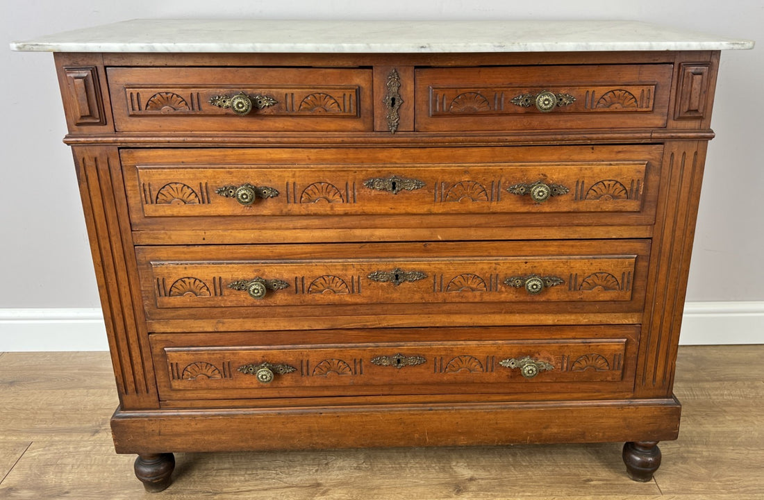 Chest of Drawers Antique French Walnut Marble Top Five Drawer Cabinet LOT 64490