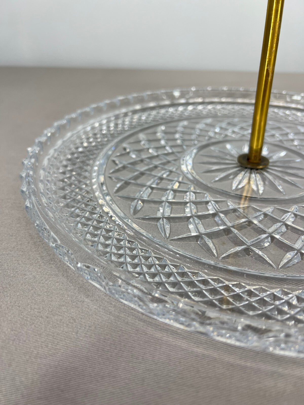 Cake Stand Vintage French Crystal Three Tier Serving Stand Brass Handle LOT 36005