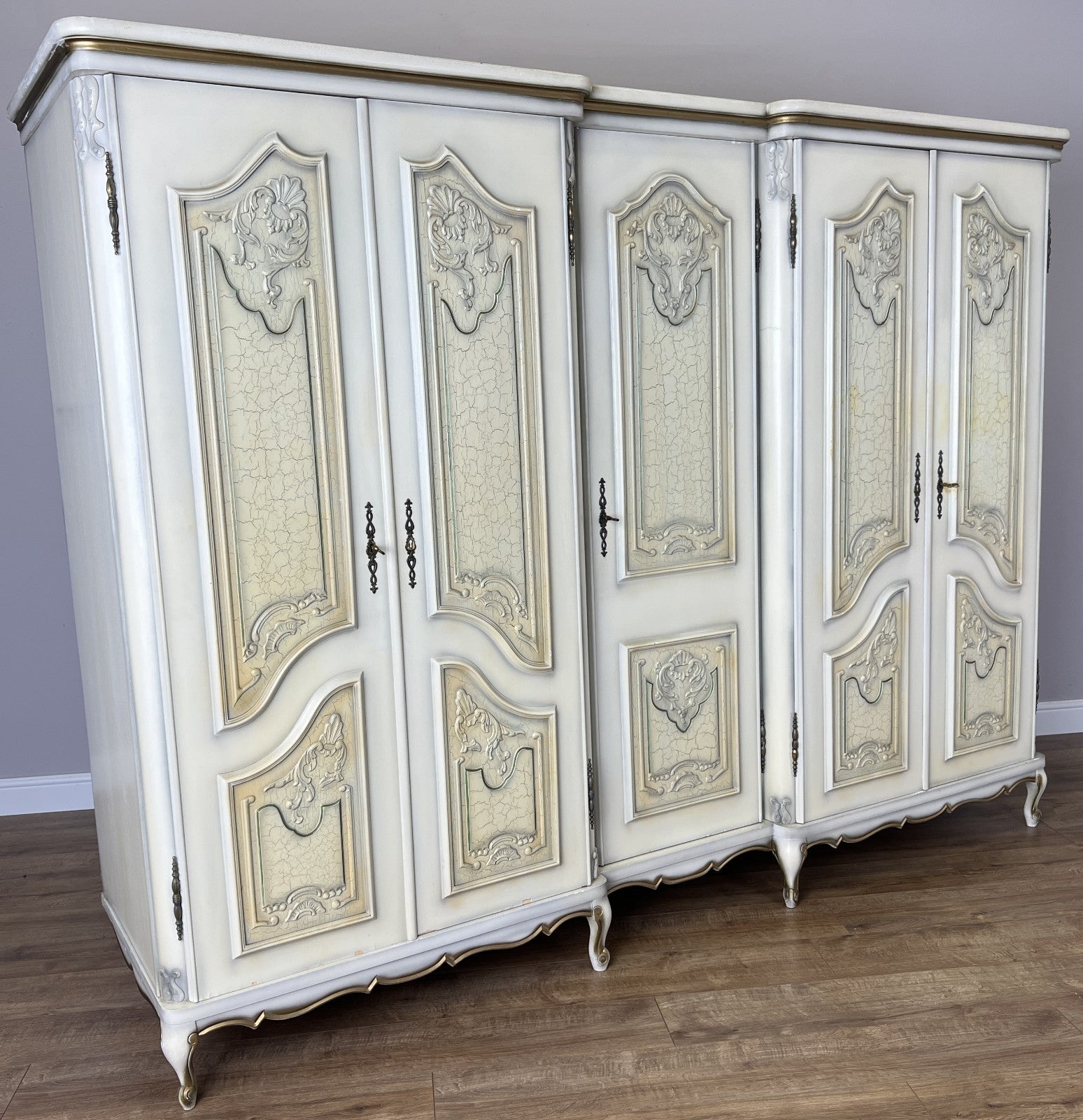 Wardrobe Vintage French Shabby Chic Five Door Carved Armoire Cabinet LOT 61212