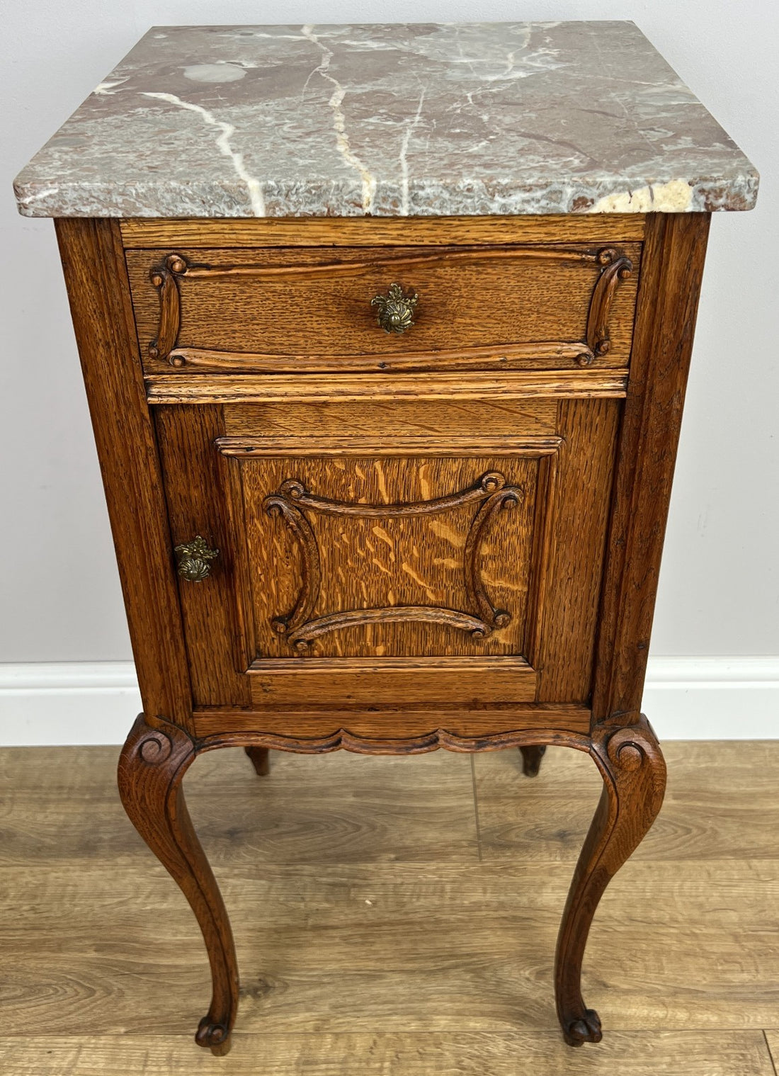 Bedside Table Antique French Marble Top Oak Cabinet Carved Cupboard LOT 63940